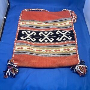 Vintage 1980's Blanket‎ Purse Western Boho Coral Blue Made in Greece Wool Bag